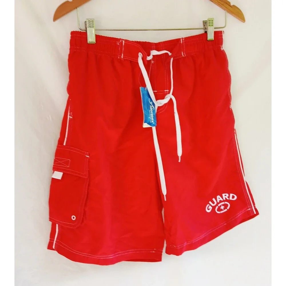 Adoretex Men’s Red Lifeguard Board Shorts Swim Bottom Mesh Lined Drawstring S